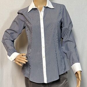 Brooks Brothers Women's sz 10 Button Down Up Shirt Navy White Stripe 100% Cotton